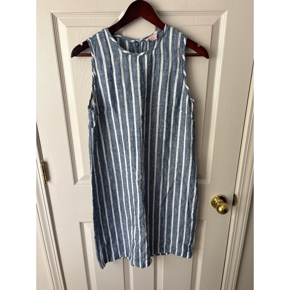 St. Tropez West Shift Dress Womens 6 Blue Striped Linen Sleeveless Summer Beach